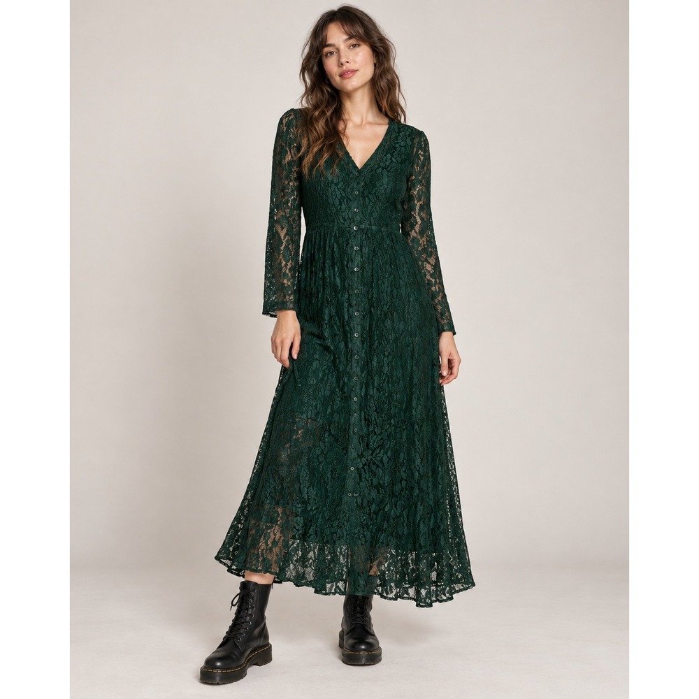 Starina Forest Green Lace Button Front Maxi Dress Romantic Gothic M